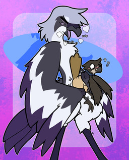 ambiguous_gender anthro anthro_on_feral beak bestiality black_beak black_wings blush blush_lines breath brown_body claws cloacal cloacal_penetration collar feathers feral genitals holding_leg legband living_condom male male/ambiguous open_mouth panting penetration size_difference standing tail tail_feathers text text_on_collar white_body wing_claws wings otterjunk birdie_(canadabirdie) birdpathy avian bird black-capped_chickadee chickadee great_grey_shrike oscine passerine tit_(bird) absurd_res hi_res