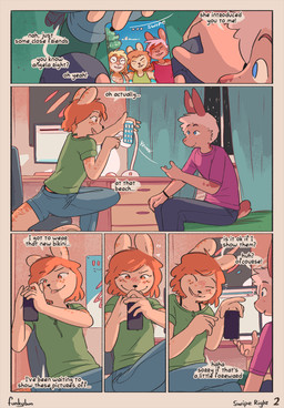bed clothed clothing electronics exhibitionism freckles furniture inside male phone phone_screen conditional_dnp funkybun amie_(funkybun) jake_(funkybun) hare lagomorph leporid mammal mustelid otter comic hi_res trans_(lore) trans_woman_(lore)