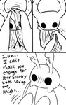 2_horns 3_panel_comic ambiguous_gender antennae_(anatomy) biped black_body black_eyes black_text cloak clothing dialogue drying duo ellipsis horn motion_lines simple_background standing talking_to_another text wet white_background white_head skeletorskeletonized hollow_knight team_cherry bretta_(hollow_knight) the_knight_(hollow_knight) arthropod beetle insect vessel_(species) 2020 5:8 comic digital_media_(artwork) english_text hi_res female_(lore)