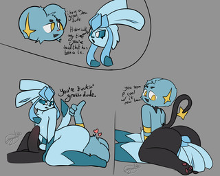 annoyed anthro big_butt blue_body blue_fur blue_sclera butt dialogue duo erection facesitting fur genitals gesture half-closed_eyes hand_gesture looking_at_another looking_at_partner looking_back male male/male narrowed_eyes nude open_mouth penis simple_background sitting_on_another smug tail text thick_thighs thumbs_up white_eyes wide_hips yellow_eyes gazaster nintendo pokemon gams_(gazaster) lex_(gazaster) eeveelution felid generation_4_pokemon glaceon mammal pokemon_(species) shinx 2024 5:4 digital_media_(artwork) english_text hi_res signature