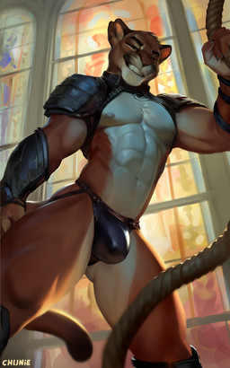 abs anthro armor athletic athletic_anthro athletic_male big_bulge bracers brown_body brown_fur bulge clothed clothing detailed_background fur grin looking_at_viewer looking_down looking_down_at_viewer low-angle_view male male_anthro muscular muscular_male muscular_thighs narrowed_eyes nipples notched_ear pauldron pecs rope smile solo thong unconvincing_armor underwear window chunie cougar felid feline mammal 2023 adobe_photoshop_(artwork) digital_media_(artwork) digital_painting_(artwork) hi_res painting_(artwork)