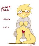 anthro blush bodily_fluids bottomless buckteeth clothed clothing clothing_lift coat coat_lift embarrassed eyes_closed eyewear female front_view glasses heart_censor heart_symbol lab_coat nervous pigeon_toed presenting scales solo standing sweat tail teeth thick_tail topwear wavy_mouth yellow_body yellow_scales yajima undertale undertale_(series) alphys reptile scalie censored hi_res