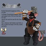 anthro armor big_breasts big_ears black_body black_fur breasts clothing ear_piercing female fur gauntlets gloves handwear mouse_tail piercing short_stack solo text thick_thighs only0neman ratguild ferrum_(only0neman) mammal murid murine rat rodent 1:1 english_text model_sheet