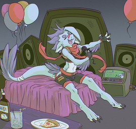 ankle_tuft anthro arm_tuft blue_body blue_fur bottomwear claws clothing crop_top facial_markings feathers finger_claws forearm_tuft forearms fur head_markings inner_ear_fluff karaoke leg_tuft male markings noise_filter purple_feather_hair red_scarf scarf shirt shorts singing solo tail_feathers_tuft tapering_tail toe_claws topwear tuft ashuumancer ashuu'ra dinosaur feathered_dinosaur feathered_scalie prehistoric_species reptile scalie teshari hi_res