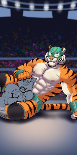 anthro biped duo hair male male_anthro mask muscular muscular_thighs pulling_hair touching_hair wrestling temere_artifex background_character ych_(character) canid canine canis felid mammal pantherine tiger wolf absurd_res hi_res