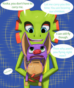 anthro arms_bent asking asking_another belly big_belly big_ears big_nose black_eyebrows blue_background blue_eyes blush blush_lines carrying_another carrying_partner dialogue duo eyebrows eyelashes female female_feral feral fingers fur green_body green_eyes green_skin insult interspecies interspecies_pregnancy larger_anthro larger_male light logo looking_at_another looking_at_partner male male_anthro membrane_(anatomy) membranous_wings multicolored_body name_drop name_in_dialogue navel open_mouth open_smile outie_navel pink_tongue pregnant pregnant_female pregnant_feral purple_body purple_fur question red_eyelids red_fingers red_nose simple_background sitting size_difference smaller_female smaller_feral smile smiling_at_another smiling_at_partner speech_bubble standing talking_to_another talking_to_partner tan_body tan_inner_ear tan_skin text tongue two_tone_body wings skywater mayternity mayternity_2025 playtonic_games yooka-laylee laylee yooka bat chameleon lizard mammal reptile scalie 5:6 absurd_res artist_logo colored digital_drawing_(artwork) digital_media_(artwork) english_description english_text hi_res lighting shaded simple_shading