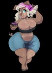 anthro belly big_breasts blue_eyes breasts cleavage clothed clothing female hi_res highlights_(coloring) huge_breasts huge_hips huge_thighs mammal navel purplepardus quillboar solo suid suina sus_(pig) thick_thighs truffle_(purplepardus) wide_hips wild_boar