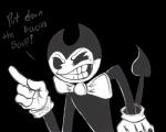 2019 3_fingers alpha_channel angry annoyed bendy_and_the_ink_machine bendy_the_dancing_demon black_and_white black_body bow_(feature) bow_tie clothing demon demon_humanoid english_text fingers fleischer_style_toon front_view gloves handwear hi_res horn horned_humanoid humanoid krolik male monochrome not_furry pose signature solo spade_tail standing tail teeth text toony traditional_media_(artwork)