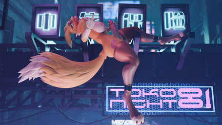 anthro balls big_breasts breasts butt claws clothing erection fur genitals hair herm intersex looking_at_viewer modern_architecture neon_sign nipples nude outside penis sign smile solo tail tongue tongue_out white_body white_fur yellow_body yellow_fur vixenwrap mayosplash_(modeler) bandai_namco digimon digimon_(species) renamon 16:9 3d_(artwork) digital_media_(artwork) hi_res widescreen