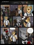 2018 andrew_oleander anthro beverage blue_eyes bow_(feature) bow_tie brown_body brown_eyes brown_fur canid canine canis clothed clothing comic cooper_estevez dialogue domestic_dog duo_focus ellipsis english_text eye_contact fully_clothed fur grey_body grey_fur group hi_res inside jackaloo looking_at_another male mammal open_mouth party shelf speech_bubble suspenders text wolf