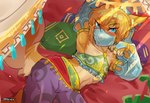 alternate_species anthro armwear blonde_hair blue_eyes blush clothed clothing crossdressing femboy fur furrification gerudo_outfit hair looking_at_viewer male solo veil white_body white_fur yellow_body yellow_fur altern015 breath_of_the_wild nintendo the_legend_of_zelda link canid canine canis mammal wolf 2023 hi_res signature