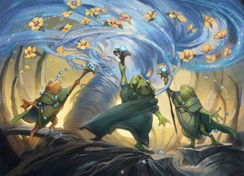 ambiguous_gender anthro elemental_manipulation flower green_body group holding_object holding_staff looking_up magic membrane_(anatomy) plant rock staff water water_manipulation waterspout webbed_hands julie_dillon hasbro magic:_the_gathering wizards_of_the_coast amphibian frog official_art