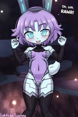 anthro biped black_clothing black_legwear black_sleeves black_stockings blue_clothing blue_hair blue_leotard blush breasts clothed clothing dialogue eyebrows female front_view grey_eyes hair legwear leotard navel_outline open_mouth short_hair sleeves small_breasts solo standing stockings teeth text thigh_highs tongue white_body lumineko lagomorph leporid mammal rabbit robot_anthro 2026 2:3 english_text
