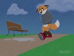 bench clothing cloud footwear fur grey_clothing grey_hoodie grey_topwear hoodie male orange_body orange_fur park park_bench puddle raining red_clothing red_footwear red_shoes sad shoes solo topwear water_puddle garebear_illustrations canid canine fox mammal 4:3 absurd_res hi_res