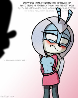 antennae_(anatomy) anthro blush bottomwear breasts clothed clothing dialogue embarrassed female flashing flashing_breasts looking_away male no_bra open_clothing open_shirt open_topwear partially_clothed shirt shy skirt thinking topwear wince realdash idw_publishing sega sonic_the_hedgehog_(comics) sonic_the_hedgehog_(idw) sonic_the_hedgehog_(series) jewel_the_beetle arthropod beetle insect 2026 digital_media_(artwork) hi_res