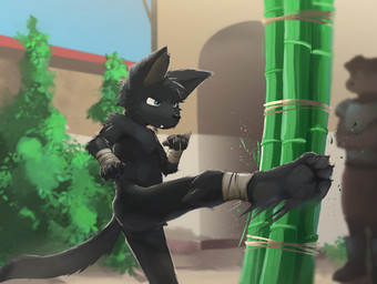 4_toes anthro arm_wraps balls barefoot black_body black_fur blue_eyes casual_nudity exercise fangs feet flaccid foreskin fur genitals hindpaw kick leg_wraps male martial_arts nude paws penis small_balls small_penis soles solo teeth toes wraps young young_anthro young_male dakkawoof dakka canid canine canis mammal wolf 2023 absurd_res hi_res