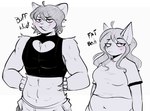 abs ahoge anthro belly belly_peeking_out biceps biped blush bottomwear breasts cleavage_cutout clothed clothing crop_top cutout duo female fur grin hair happy heart_cutout lidded_eyes long_hair looking_at_viewer male male/female medium_breasts muscular muscular_anthro muscular_male navel overweight overweight_anthro overweight_female pants romantic romantic_couple sharp_teeth shirt short_hair shy simple_background size_difference smile standing teeth text topwear weight_difference white_background locksnurf domestic_cat felid feline felis mammal 2023 digital_drawing_(artwork) digital_media_(artwork) english_text greyscale hi_res monochrome sketch
