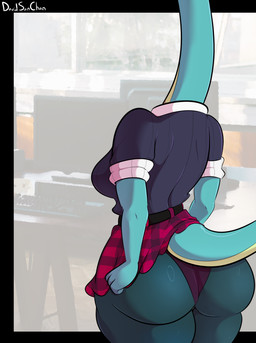 4_fingers abstract_background anthro big_breasts big_butt black_border border bottomwear breasts bubble_butt butt clothing curvy_figure female fingers glistening glistening_body glistening_scales glistening_tail green_body green_scales hourglass_figure huge_breasts huge_butt huge_hips huge_thighs legwear long_neck long_tail miniskirt multicolored_body multicolored_scales panties pantyhose pattern_bottomwear pattern_clothing pattern_skirt plaid plaid_bottomwear plaid_clothing plaid_skirt purple_clothing purple_panties purple_underwear scales skirt solo tail text thick_thighs turquoise_body turquoise_scales two_tone_body two_tone_scales underwear voluptuous voluptuous_anthro voluptuous_female wide_hipped_anthro wide_hipped_female wide_hips davidsanchan cavemanon_studios i_wani_hug_that_gator liz_farlane brachiosaurid brachiosaurus dinosaur macronarian prehistoric_species reptile saurischian sauropod sauropodomorph scalie 2026 absurd_res artist_name digital_drawing_(artwork) digital_media_(artwork) hi_res watermark