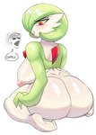 areola big_breasts big_butt blush breasts butt dialogue eyelashes female green_body green_hair hair huge_breasts huge_butt kneeling looking_back nipples pink_areola pink_nipples rear_view red_eyes short_hair simple_background solo speech_bubble text thick_thighs white_background white_body wide_hips gafer.exe nintendo pokemon gardevoir generation_3_pokemon humanoid pokemon_(species)