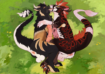 animal_genitalia animal_penis anus backsack balls bodily_fluids butt claws cuddling duo equine_genitalia feral flared_penis genital_fluids genitals horn kissing male male/male penis precum presenting presenting_hindquarters supersquishy felkin hi_res