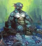 3_toes abs anthro arm_support armband biceps big_muscles biped claws collar detailed_background fangs feet gills hand_on_leg lagoon looking_away male multicolored_body multicolored_scales muscular muscular_anthro muscular_male no_pupils nude outside pecs plantigrade pose rock scales sitting solo tattoo teeth toe_claws toes two_tone_body two_tone_scales vein water white_body white_eyes white_scales pacelic lizard reptile scalie 2015 detailed digital_media_(artwork)