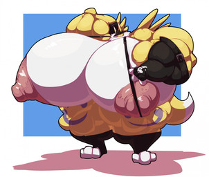 anthro areola big_areola big_breasts big_muscles big_nipples breasts clothing female footwear fur gloves handwear hat headgear headwear huge_areola huge_breasts huge_muscles huge_nipples hyper hyper_areola hyper_breasts hyper_nipples muscular muscular_anthro muscular_female nipples solo thick_thighs toeless_footwear white_body white_fur yellow_body yellow_fur bobert bandai_namco digimon canid digimon_(species) mammal renamon 2023 digital_media_(artwork) hi_res