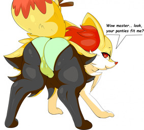 all_fours anthro ass_up big_butt bulge bulge_from_behind butt clothing femboy looking_at_viewer looking_back looking_back_at_viewer male panties panty_bulge presenting presenting_hindquarters presenting_underwear rear_view solo speech_bubble text underwear wedgie verobunnsx nintendo pokemon braixen generation_6_pokemon pokemon_(species) english_text
