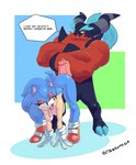 anthro bent_over blush breasts crossed_arms crossgender duo eyeshadow female genitals makeup male male/female mtf_crossgender nude penis simple_background ctankomega sega sonic_the_hedgehog_(series) sonic_the_hedgehog the_deadly_six zavok eulipotyphlan hedgehog mammal zeti absurd_res hi_res