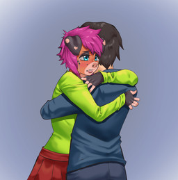 anthro bodily_fluids clothed clothing crying emotional female hug male male_human tears hirakimax_(artist) billie_corneja domestic_pig human mammal suid suine sus_(pig) hi_res