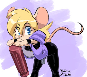 abstract_background anthro bent_over biped black_bottomwear black_clothing black_eyebrows black_pants black_shirt black_tank_top black_topwear black_tube_top blonde_hair blue_eyes bottomwear breasts cleavage clothed clothed_anthro clothed_female clothing eye_through_hair eyebrow_through_hair eyebrows eyelashes female female_anthro fur hair hoodie leaning_on_object long_hair looking_aside medium_breasts micro midriff open_clothing open_hoodie open_topwear pants pink_inner_ear pink_nose pink_tail purple_clothing purple_hoodie purple_topwear screwdriver shirt solo standing tail tan_body tan_ears tan_fur tank_top tools topwear translucent translucent_hair tube_top rongs1234 chip_'n_dale_rescue_rangers disney gadget_hackwrench mammal mouse murid murine rodent 2025 dated hi_res signature