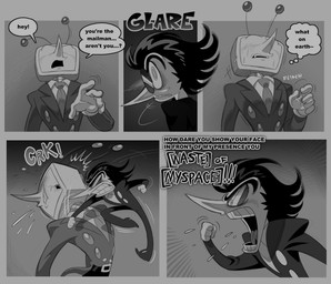 belt clothed clothing dialogue duo electronics eyewear for_a_head glasses hair handwear male not_furry retro_anime_style screen screen_face simple_background speech_bubble television text toony roachgore deltarune undertale_(series) spamton_g._spamton tenna_(deltarune) addison_(deltarune) darkner humanoid object_head screen_head tv_head comic digital_media_(artwork) english_text hi_res monochrome