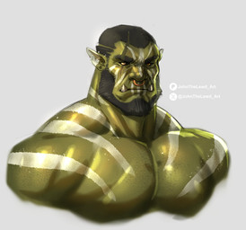 beard black_beard black_facial_hair black_hair black_sclera body_hair chest_hair ear_piercing eyebrows facial_hair facial_piercing front_view gauged_ear green_body grey_background hair looking_at_viewer male male_humanoid markings mouth_closed muscular muscular_humanoid muscular_male narrowed_eyes nose_piercing nose_ring nude pecs piercing ring_piercing scar septum_piercing septum_ring short_hair simple_background solo trapezius white_markings yellow_eyes johnthelewd_art humanoid orc bust_portrait hi_res portrait