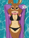 anthro bedroom_eyes belly bikini breasts clothing dialogue female long_ears looking_at_viewer lying mascot narrowed_eyes navel pool_toy raft relaxing seductive solo swimming_pool swimwear two-piece_swimsuit water skateryena cadbury cadbury_bunny lagomorph leporid mammal rabbit hi_res