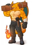 abs anthro barazoku biceps big_muscles bodily_fluids boots bottomwear clothing eyes_closed fire flaming_tail footwear gloves hammer handwear male muscular muscular_male orange_body pants pecs shirtless shoes showing_teeth smile solo sweat sweatdrop sweaty_body tail tools vein veiny_muscles wings wood working himahimaa nintendo pokemon charizard generation_1_pokemon pokemon_(species) scalie hi_res