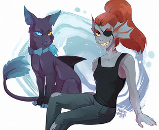5_fingers ambiguous_gender anthro clothed clothing duo eye_patch eyewear feral fingers hair heterochromia paws red_hair simple_background sitting smile teeth maplespyder undertale undertale_(series) undyne aquatic felid mammal 2015 digital_media_(artwork)