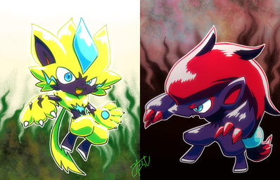 ambiguous_gender black_body black_fur blue_eyes blue_markings blue_pawpads chibi claws duo fangs fingers fur grey_body grey_fur grey_inner_ear grey_markings hair markings open_mouth pawpads ponytail red_claws red_hair red_inner_ear red_markings standing teeth tuft whiskers yellow_body yellow_fur nintendo pokemon canid canine felid generation_5_pokemon generation_7_pokemon legendary_pokemon mammal pokemon_(species) zeraora zoroark hi_res signature