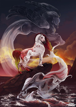 ambiguous_gender beak blonde_hair cloud detailed_background feathered_wings feathers female feral fur group hair hooves nature outside red_body red_eyes red_fur red_hair rock sea sky standing sunset tail tail_feathers water wave white_body white_fur wings templado mythology avian equid equine ghost gryphon horse mammal mythological_avian mythological_creature spirit hi_res