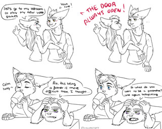 angry anthro blue_eyes blush dialogue drinking ear_piercing ear_ring eyewear female goggles green_eyes group grumpy head_tuft male piercing prosthetic prosthetic_arm prosthetic_limb ring_piercing speech_bubble text tuft naiacreations insomniac_games ratchet_and_clank sony_corporation sony_interactive_entertainment fan_character ratchet_(ratchet_and_clank) rivet_(ratchet_and_clank) lombax mammal 5:4 comic english_text daughter_(lore) parent_(lore) parent_and_child_(lore) parent_and_daughter_(lore)