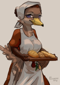 apron beak big_breasts bread breasts brown_body brown_feathers clothing feathers female food happy headgear headkerchief headwear kerchief looking_at_viewer medieval non-mammal_breasts pouch_(clothing) purple_eyes simple_background solo white_background lluumi anatid anseriform avian bird duck absurd_res hi_res