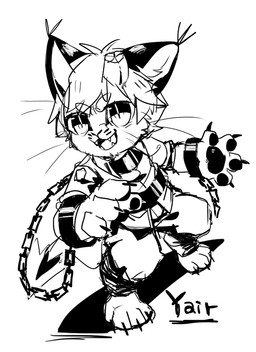 anthro chain claws clothed clothing cuff_(restraint) ear_tuft eyebrow_through_hair eyebrows fangs finger_claws hair male messy_hair open_mouth open_smile pupils restraints shackles short_hair simple_background slit_pupils smile solo standing teeth translucent translucent_hair tuft unsigned whiskers asnnonaka felid mammal black_and_white digital_media_(artwork) monochrome
