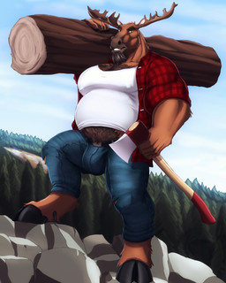 anthro antlers axe beard belly belt big_belly big_bulge body_hair bottomwear brown_body brown_fur bulge chest_hair clothing denim denim_bottomwear denim_clothing facial_hair flannel_shirt forest fur hairy hooves horn jeans log lumberjack male melee_weapon moobs musclegut muscular muscular_anthro muscular_arms muscular_male nipple_outline outside overweight overweight_anthro overweight_male pants plant rock shirt solo topwear tree weapon wood dream_and_nightmare deer mammal moose new_world_deer 4:5 hi_res
