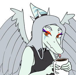 amber_eyes anthro beverage bone_frill claws coffee coffee_mug eyelashes eyeliner feathered_wings feathers female finger_claws fingers forked_tongue frill_(anatomy) grey_body grey_hair grey_scales hair halter_top long_hair looking_at_viewer makeup scales simple_background smile snout solo text tongue tongue_out white_background wings jacket_ignites third-party_edit cavemanon_studios goodbye_volcano_high ko_op_(game_developer) snoot_game fang_(gvh) prehistoric_species pterosaur reptile scalie 2025 artist_name color_edit colored digital_drawing_(artwork) digital_media_(artwork) hi_res signature