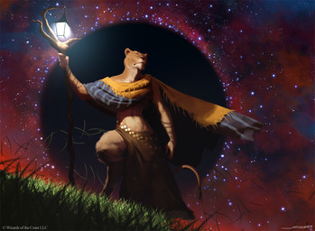 anthro cape clothing female grass lamp lantern low-angle_view midriff navel night outside plant sky solo staff standing star starry_sky james_zapata hasbro magic:_the_gathering wizards_of_the_coast catfolk felid leonin mammal pantherine official_art signature