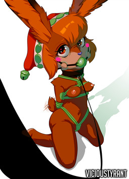 anthro ball_gag bdsm bell blonde_hair blush bondage bound breast_squish breasts breasts_tied christmas_clothing christmas_headwear clothing collar digitigrade eager female fur gag gagged hair hands_behind_back hat headgear headwear heart_eyes heart_symbol holidays kneeling leash looking_at_viewer nipples nude restraints rope rope_bondage solo squish submissive submissive_female tail tail_motion tailwag vicioustyrant christmas odin_sphere vanillaware myris_(odin_sphere) lagomorph leporid mammal pooka rabbit