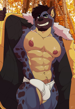 abs anthro biceps black_body black_fur black_hair black_spots blue_body blue_fur bulge clothed clothing detailed_bulge erection eyebrow_piercing facial_hair facial_piercing fangs flashing front_view fur genital_outline goatee green_eyes hair jacket male markings multicolored_body multicolored_fur muscular muscular_anthro muscular_male navel navel_piercing nipples open_mouth open_smile outside pecs penis_outline piercing pose quads sharp_teeth smile solo spots spotted_body spotted_fur standing teeth topwear triceps two_tone_body two_tone_fur underwear white_clothing white_underwear wolfybuns hyena mammal 2021 absurd_res hi_res pinup portrait three-quarter_portrait