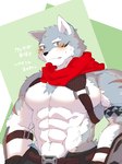 abs anthro belt blue_eyes blush embarrassed fur grey_body grey_fur male muscular muscular_anthro muscular_male pecs scarf solo text bakufun34 crave_saga hakuma_(crave_saga) canid canine canis mammal wolf hi_res japanese_text