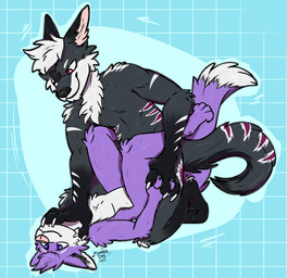 anthro blue_background dipstick_tail duo eye_patch eyewear fur geometric_background grid_background male male/male markings pattern_background purple_body purple_fur red_eyes simple_background tail tail_markings zombiedog_(artist) canid canine mammal hi_res
