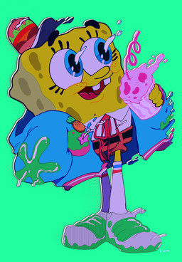 anthro belt black_belt blue_eyes bottomwear brown_bottomwear brown_clothing brown_pants clothing green_background male open_mouth pants simple_background solo hiwai nickelodeon spongebob_squarepants spongebob_squarepants_(character) aquatic sea_sponge absurd_res hi_res