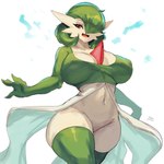 3_fingers clothing female fingers green_clothing green_hair hair hair_over_eye legwear looking_at_viewer navel open_mouth simple_background solo sana!rpg nintendo pokemon gardevoir generation_3_pokemon pokemon_(species) 2025 digital_media_(artwork) hi_res