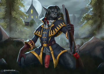 blue_eyes bottomless clothed clothing femboy fur genitals grey_body grey_fur gun hair holding_knee holding_leg holding_object holding_ranged_weapon holding_weapon kneeling long_hair male outside penis ranged_weapon rifle solo weapon notnaloww blizzard_entertainment warcraft canid mammal werecanid werecreature worgen hi_res